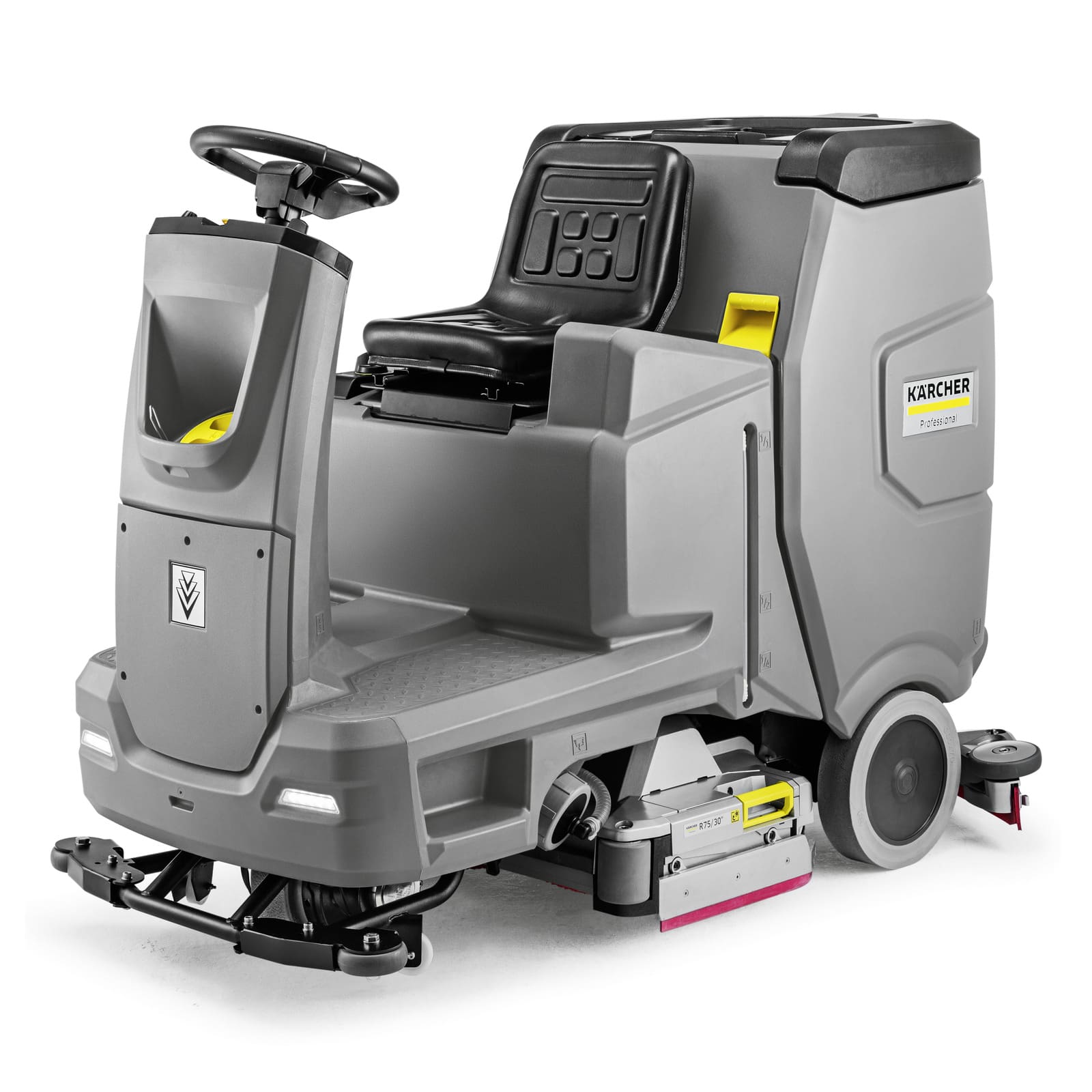 Industrial floor scrubbing machine with a gray body, black seat, and yellow and white details, featuring the Kärcher logo on the side.