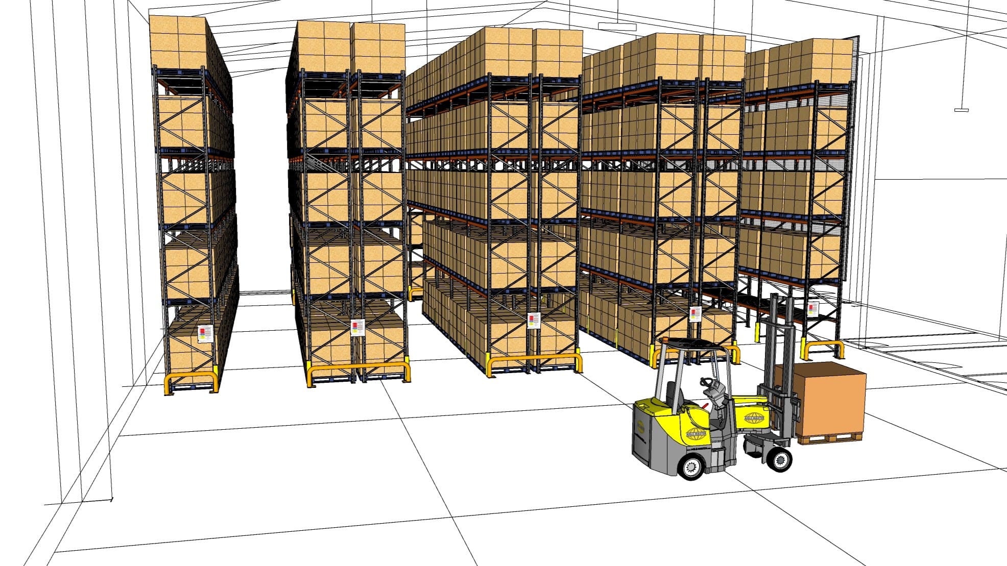 Illustration of an aisle-master transporting goods in a simulated warehouse environment.