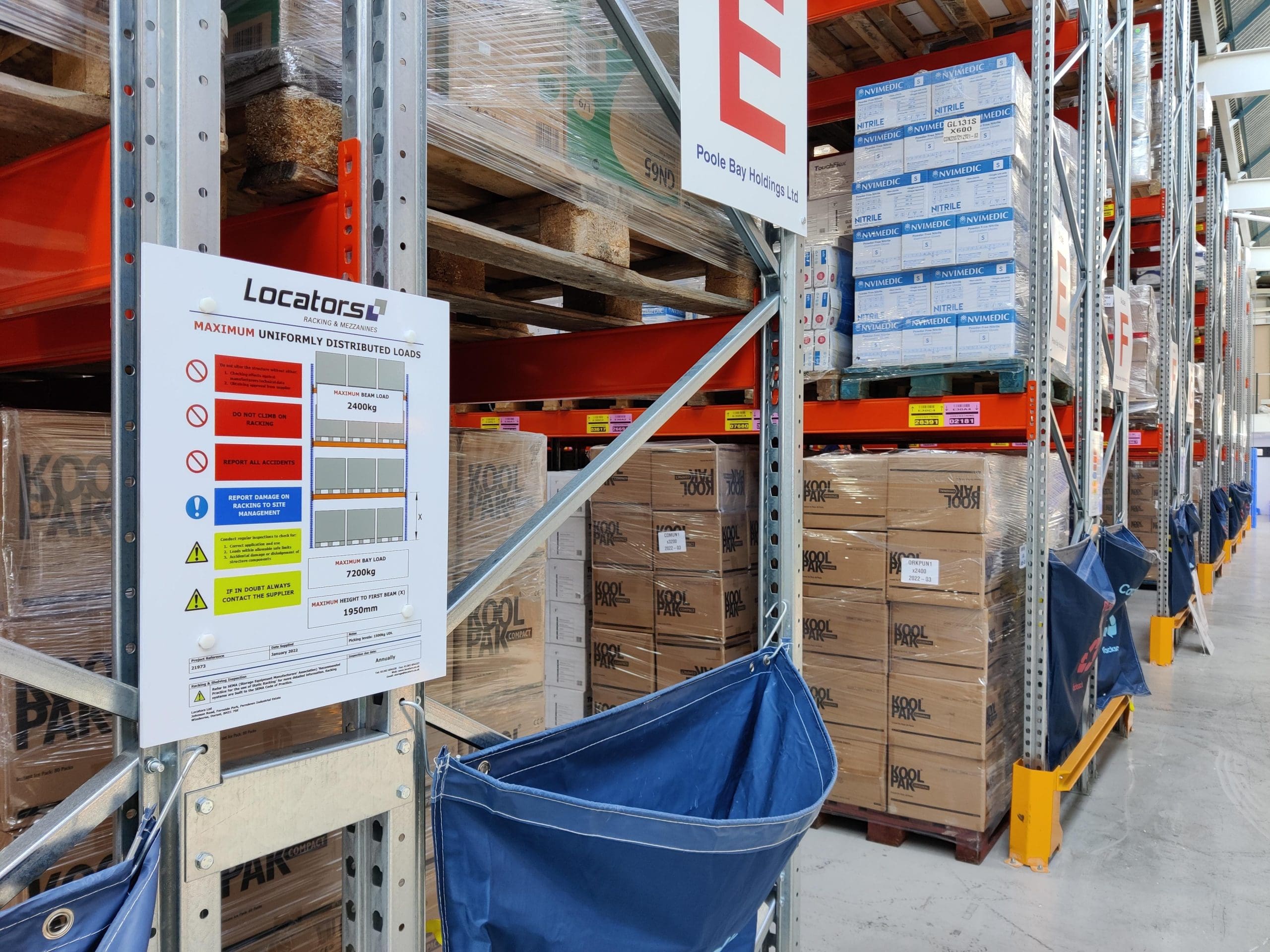 An image of Poole Bay Holdings' new pallet racking and warehouse labelling & signage, courtesy of Locators