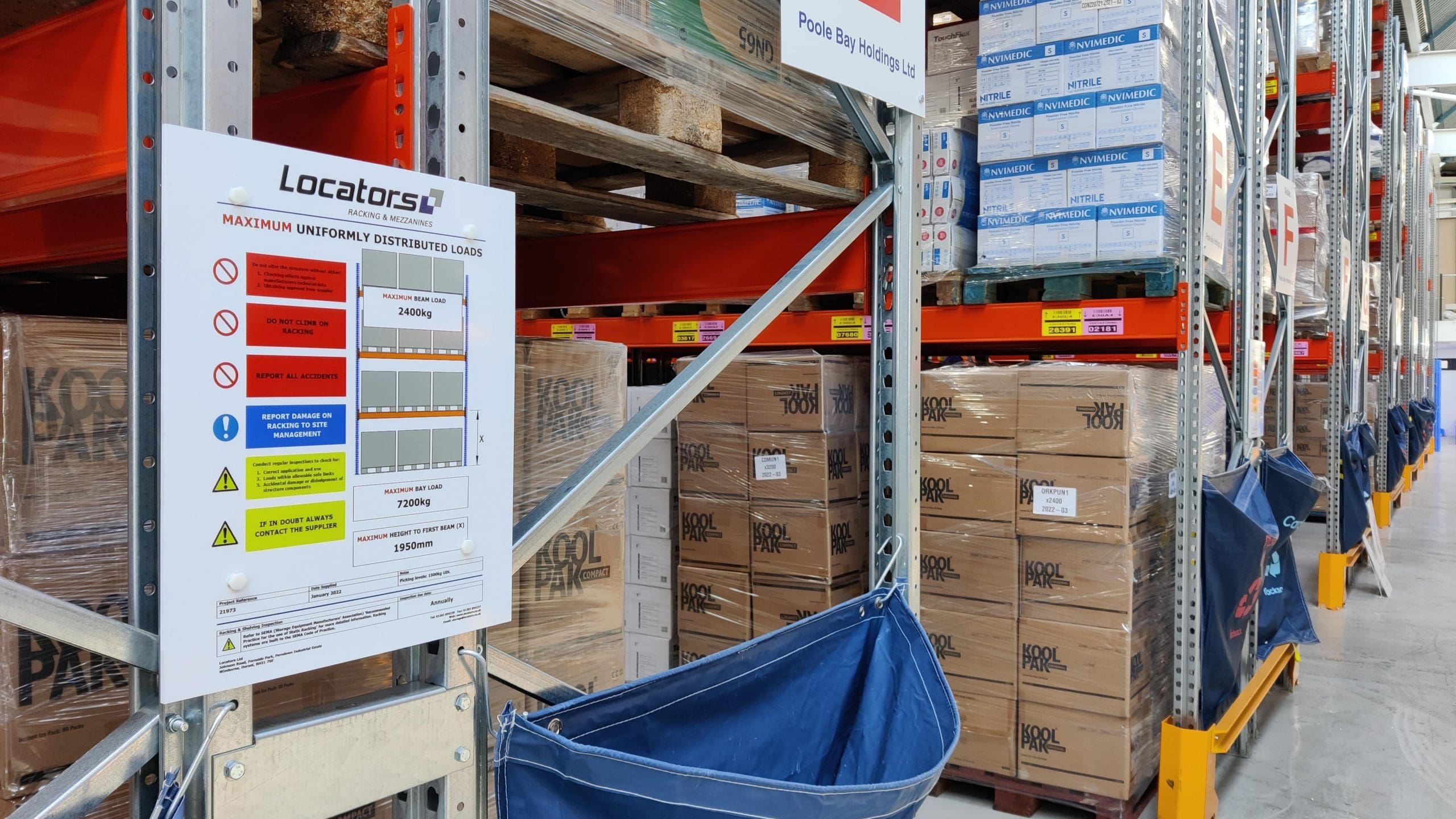 An image of Poole Bay Holdings' new pallet racking and warehouse labelling & signage, courtesy of Locators