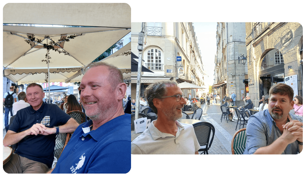 Toyota Material Handling Factory, Ancenis Composite Image This composite image captures moments from Locators' team building session in Nantes. The left panel shows two team members sharing a light moment at an outdoor café, reflecting the camaraderie developed during the trip. The right panel features another team member engaging in conversation in a vibrant street setting, highlighting the informal and collaborative atmosphere of the session. Both scenes emphasise the importance of building strong team dynamics which is vital for integrating insights from Toyota’s production system into Locators' practices.