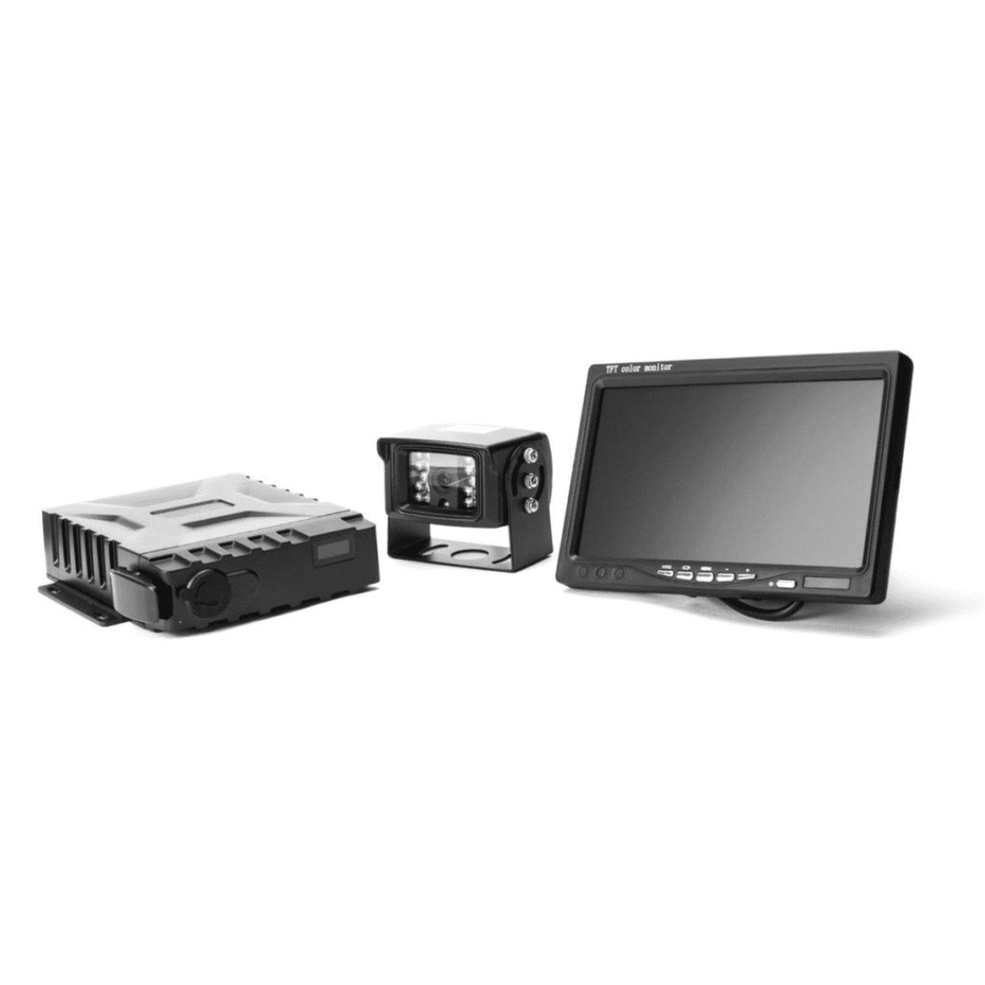 An array of Continual Recording Camera System components displayed on a white background, including a rugged MDVR recording unit on the left, a compact in-cab camera in the centre, and a large TFT colour monitor on the right, all part of the FTC Continual Recording Camera Systems setup.