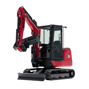 Red excavator on a white background.